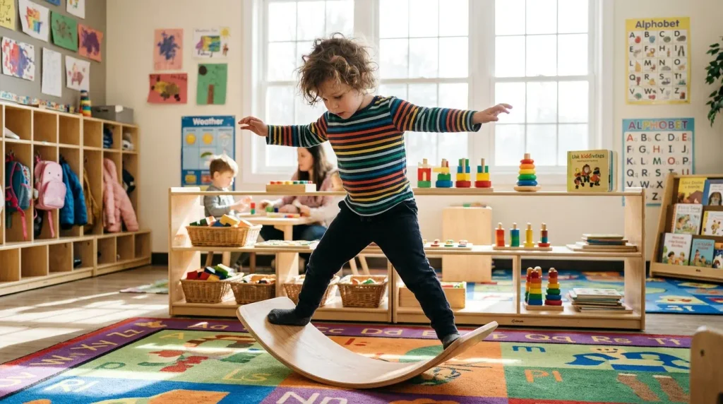 A neurociência do movimento: por que pular, girar e correr ajudam sua criança a aprender? 4 Criança concentrada se equilibrando em uma prancha de madeira em uma sala de aula iluminada.