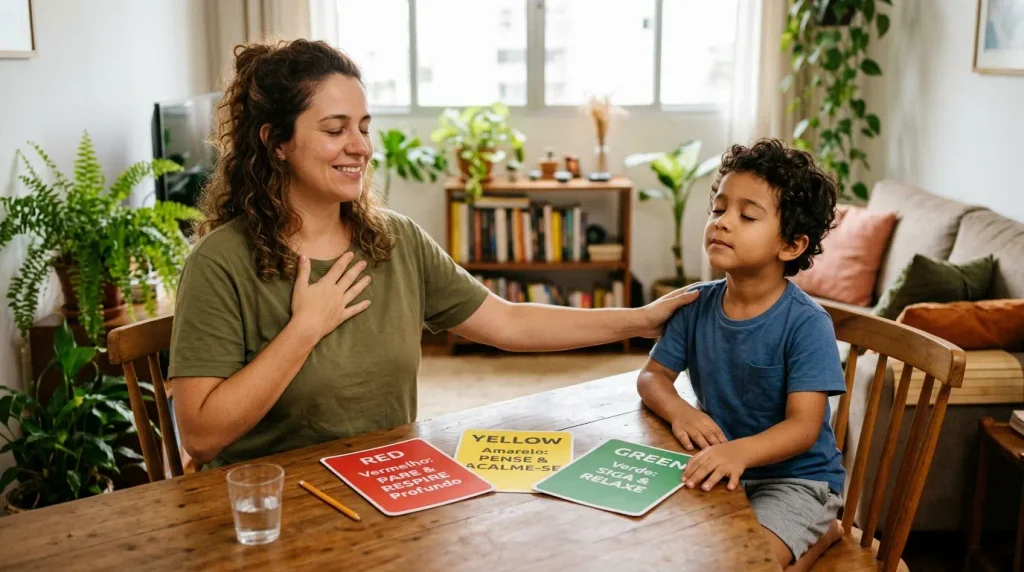 Mãe sorrindo e ensinando técnicas de respiração e regulação emocional para seu filho pequeno.