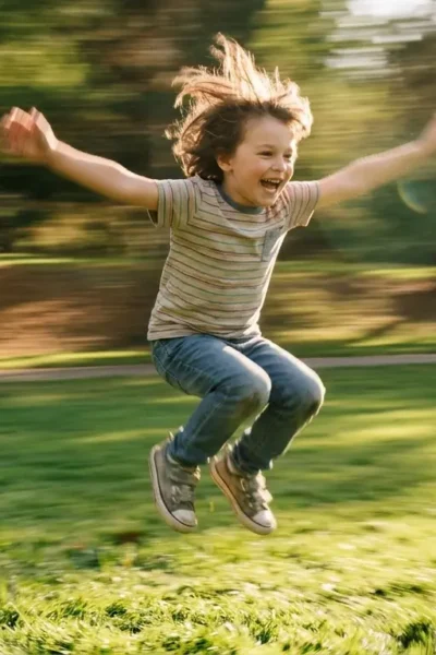 Criança sorridente pulando alegremente em um parque verde, ilustrando a importância do movimento para o aprendizado infantil.