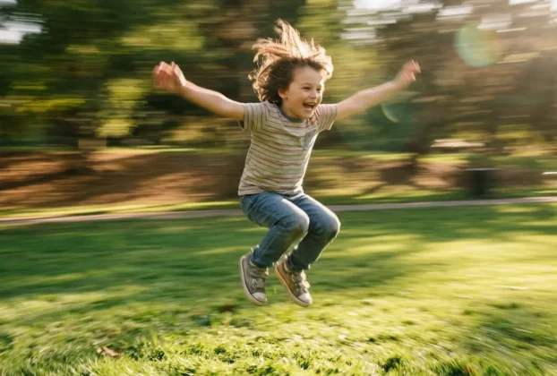 Criança sorridente pulando alegremente em um parque verde, ilustrando a importância do movimento para o aprendizado infantil.