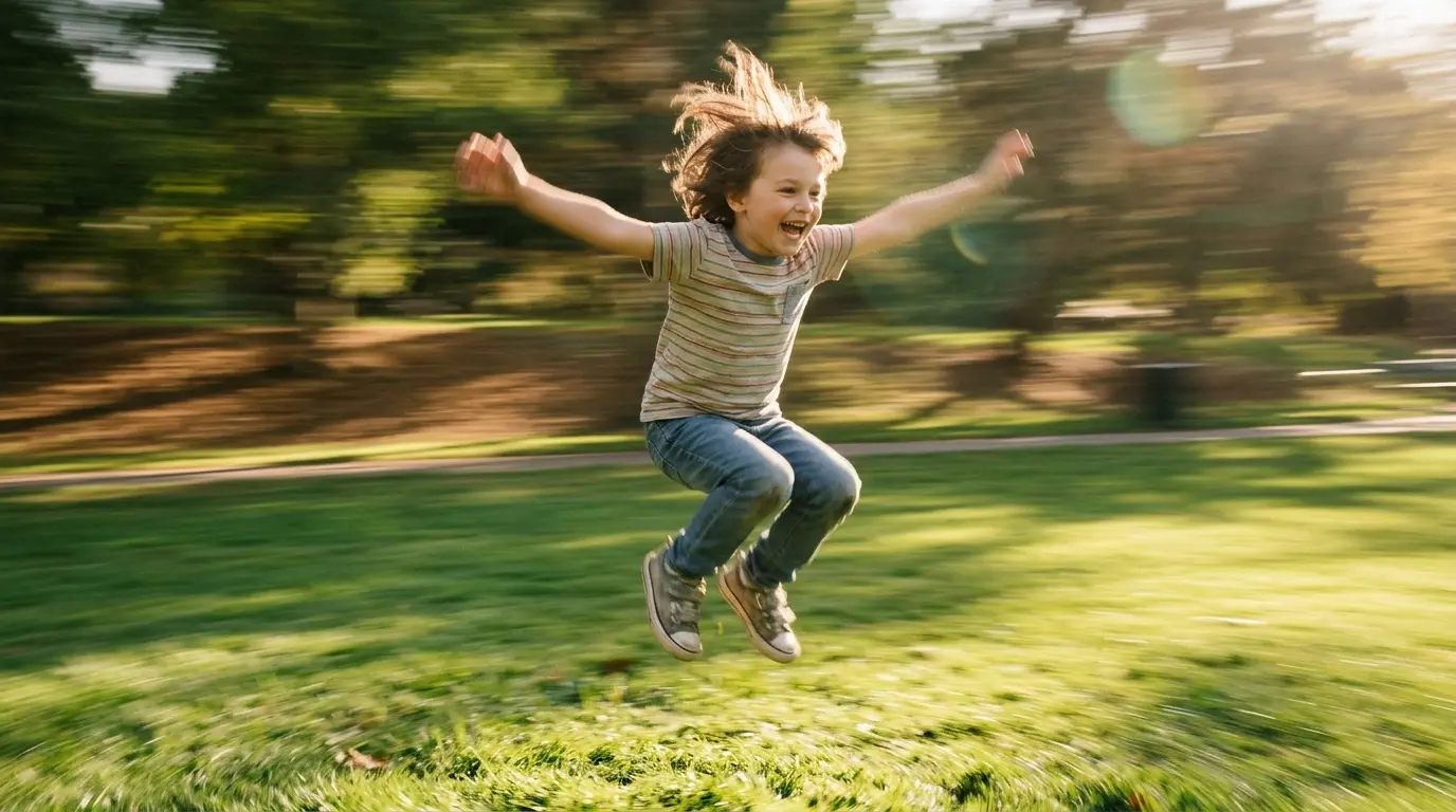 A neurociência do movimento: por que pular, girar e correr ajudam sua criança a aprender? 1 Criança sorridente pulando alegremente em um parque verde, ilustrando a importância do movimento para o aprendizado infantil.