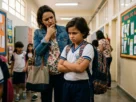 Criança vestida com uniforme escolar e mochila cruza os braços em sinal de recusa enquanto a mãe observa de forma pensativa.