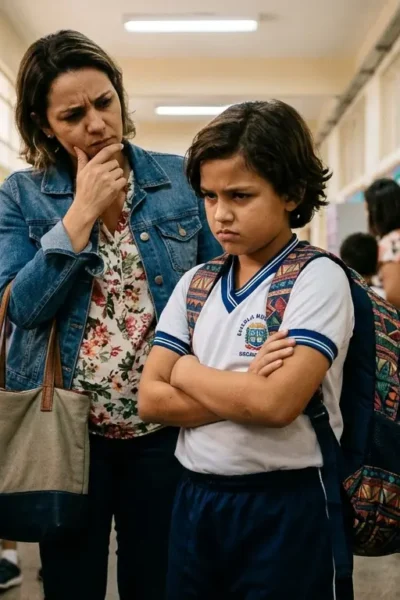 Criança vestida com uniforme escolar e mochila cruza os braços em sinal de recusa enquanto a mãe observa de forma pensativa.