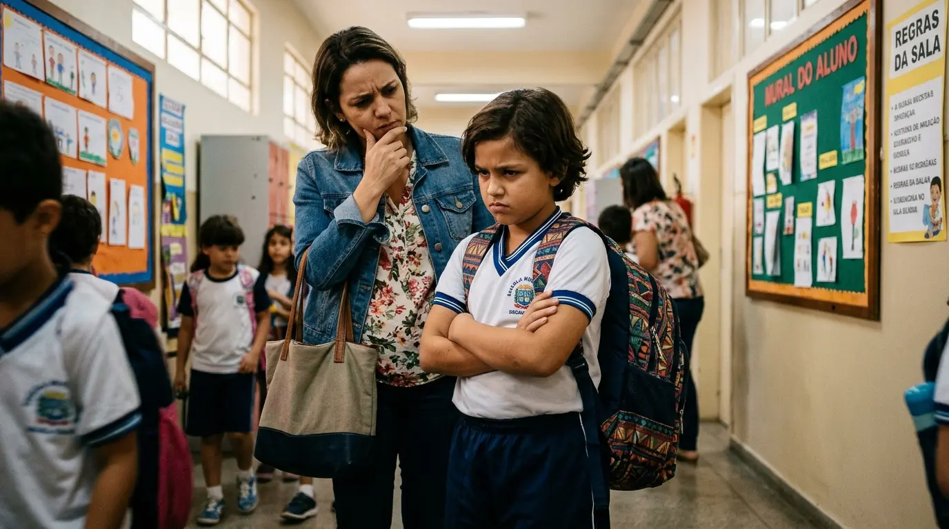 Criança vestida com uniforme escolar e mochila cruza os braços em sinal de recusa enquanto a mãe observa de forma pensativa.