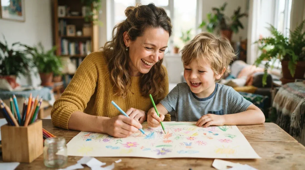 Mãe e filho desenhando em revezamento para treinar paciência e esperar a vez.