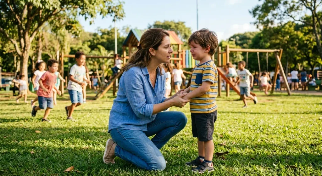 Uma mãe está ajoelhada ao nível dos olhos do filho pequeno num parque ensolarado, conversando de forma carinhosa e acolhedora enquanto segura suas mãos e ele chora. Ao fundo, outras crianças brincam normalmente.