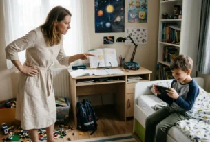 Mãe expressando frustração ao repreender o filho distraído com videogame na cama, com cadernos abertos e livros na escrivaninha ao fundo.