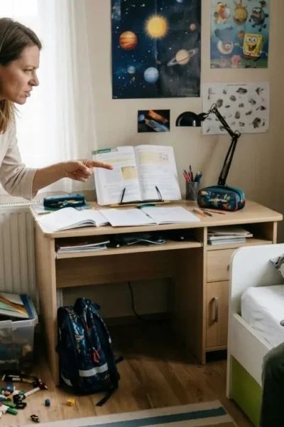 Mãe expressando frustração ao repreender o filho distraído com videogame na cama, com cadernos abertos e livros na escrivaninha ao fundo.