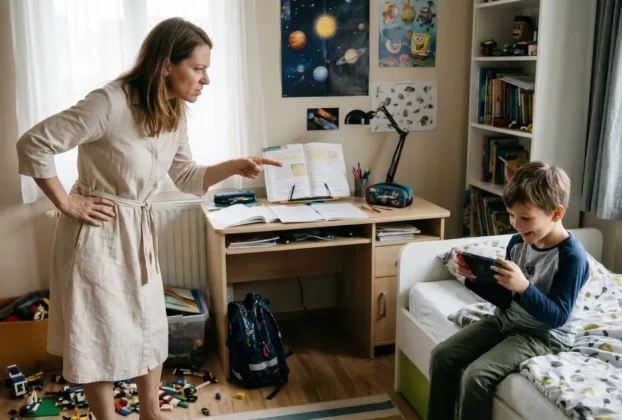 Mãe expressando frustração ao repreender o filho distraído com videogame na cama, com cadernos abertos e livros na escrivaninha ao fundo.