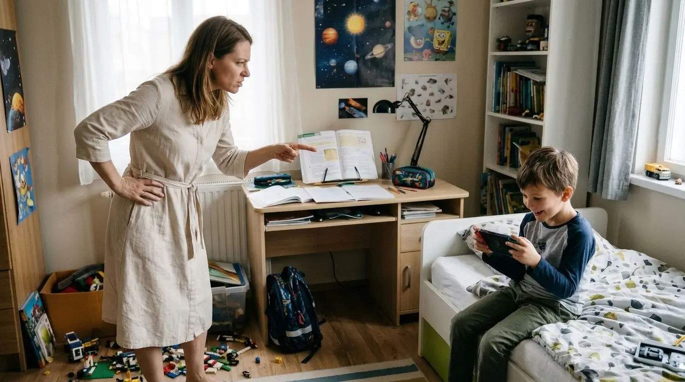 Mãe expressando frustração ao repreender o filho distraído com videogame na cama, com cadernos abertos e livros na escrivaninha ao fundo.