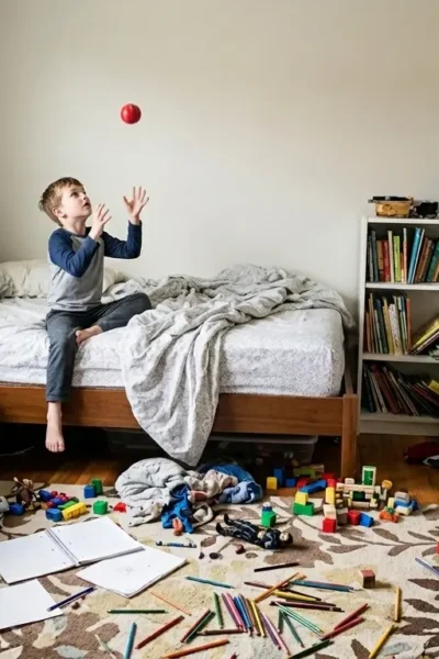 Mãe está observando o quarto do filho todo bagunçado, enquanto o menino está agitado.