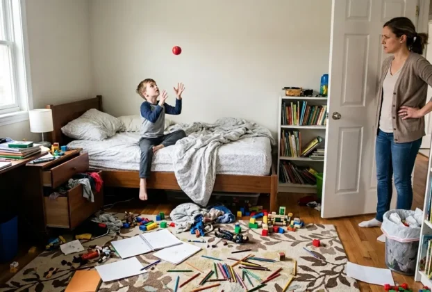 Mãe está observando o quarto do filho todo bagunçado, enquanto o menino está agitado.
