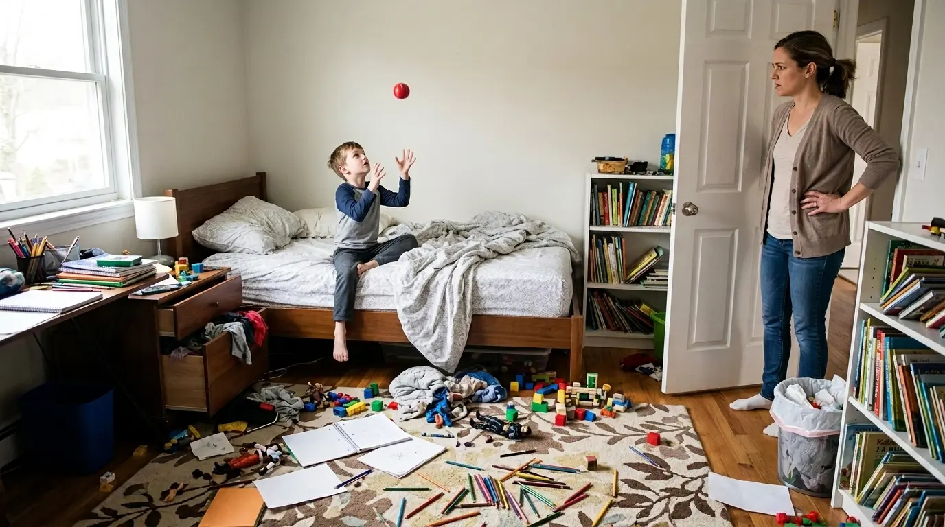 Mãe está observando o quarto do filho todo bagunçado, enquanto o menino está agitado.