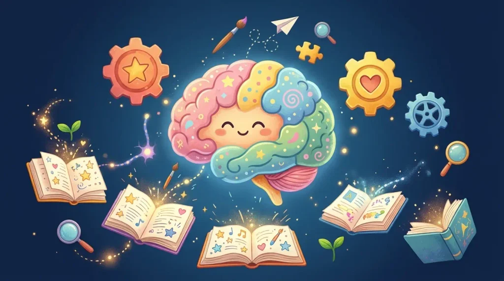 Memória de trabalho na infância: por que a criança esquece o que aprendeu e como fortalecer a retenção de forma simples 2 Ilustração conceitual de neurociência e aprendizado infantil para o portal EducaJoy.