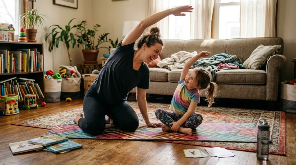 A neurociência do movimento: por que pular, girar e correr ajudam sua criança a aprender? 3 Mãe e filha sorrindo enquanto fazem exercícios de alongamento juntas em um tapete colorido em casa.