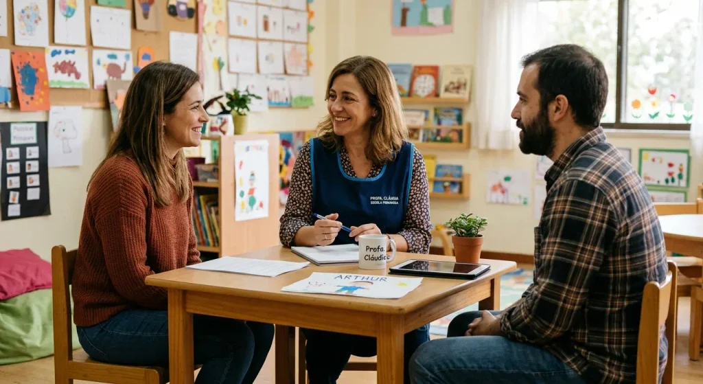 Pais conversando sobre recusa escolar silenciosa com uma professora num ambiente iluminado e colaborativo.