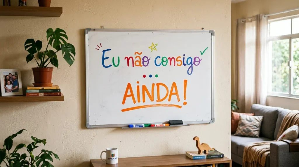 Lousa branca na parede com a frase motivacional escrita para crianças desenvolverem resiliência.